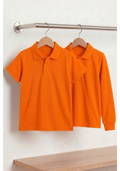 Nacar Store Unisex Çocuk Uzun Ve Kısa Kollu Polo Yaka Okul Tişörtü 2'li Set Turuncu