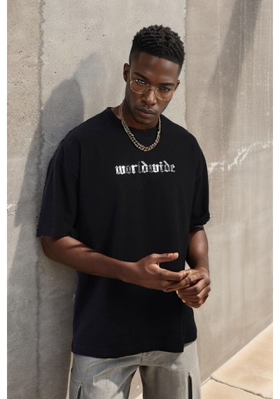 Balenbi Unisex Bisiklet Yaka Oversize Kalıp Penye Tişört 1004 Siyah