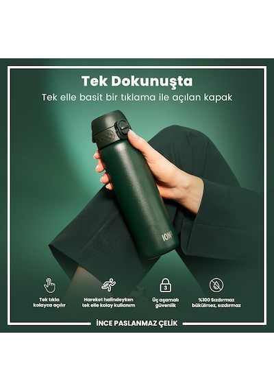 Ion8 - Paslanmaz Çelik İnce Suluk - Koyu Yeşil - 600 Ml - Sızdırmaz