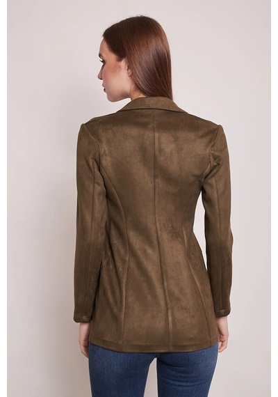 Süet Kumaş Cep Detaylı Düğmeli Şık Blazer Ceket-haki Haki
