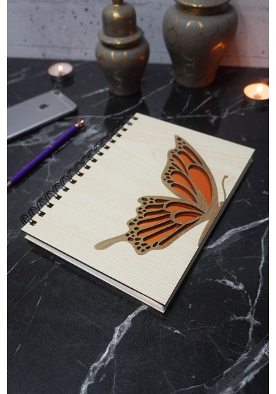 Kelebek Desenli Ahşap Kapaklı Defter - Ajanda - Günlük - Çizgisiz Defter - A5 Notebook Anı Defteri