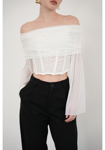Verymoda D 2977 Uzun Kol Tül Bluz - D2977 Krem