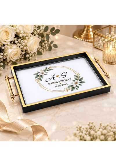 Bk Gift Kişiye Özel Siyah&gold Söz Nişan Tepsisi-7 - 39x23 Cm Çok Renkli