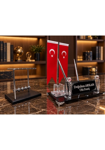 Velora 3 Parça Kristal Ofis Seti Kişiye Özel İsimlik Türk Bayraklı Siyah Newton Topu