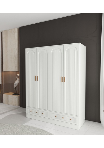 Mila 4 Kapaklı Çekmeceli Bazalı Gardırop - Tamamı Mdf Beyaz