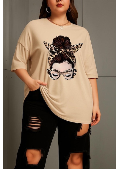 Ceny Kadın Büyük Beden Battal Baskılı Bisiklet Yaka Pamuklu T-shirt Rahat Kesim Unisex Sevgili Kombini Taş Rengi