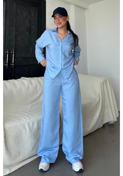 Madmext Mavi Uzun Kollu Çizgili Gömlek Pantolon İkili Takım Mg2329 Mavi