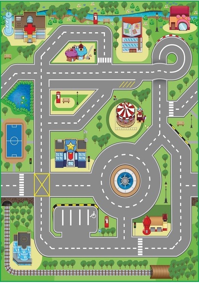 Kaymaz Tabanlı Ince Yıkanabilir Çocuk Halısı Trafik Çok Renkli