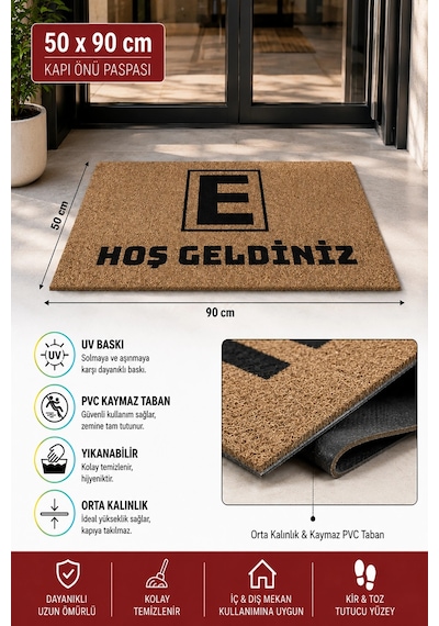 Valerine Life Eczane Logolu Coco Görünüm Kaymaz Hoş Geldiniz İşyeri Koko Kapı Önü Paspası 50x90cm Kahverengi