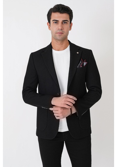 Slim Fit Torba Cepli Fitilli Dokuma Esnek Yünlü Siyah Ceket C 747