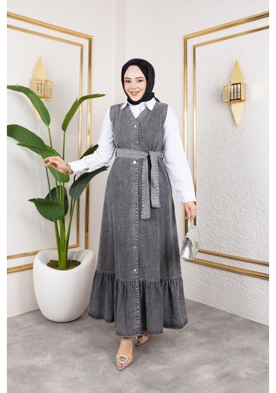 Harman Butik Kadın Düğmeli Kuşaklı Kot Jile Siyah Siyah