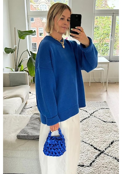 Madmext Saks Bisiklet Yaka Oversize Triko Kazak Mg1972 Saks