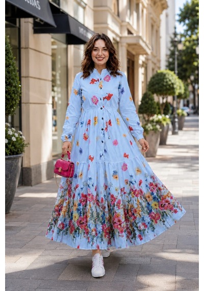 Hb Harma Time Butik Kadın Düğmeli Çiçek Desenli Modal Mavi Elbise