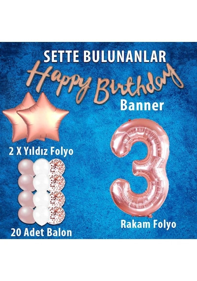 Rose Gold Konsept 3 Yaş Doğum Günü Kutlama Seti; Beyaz Gold Konfe