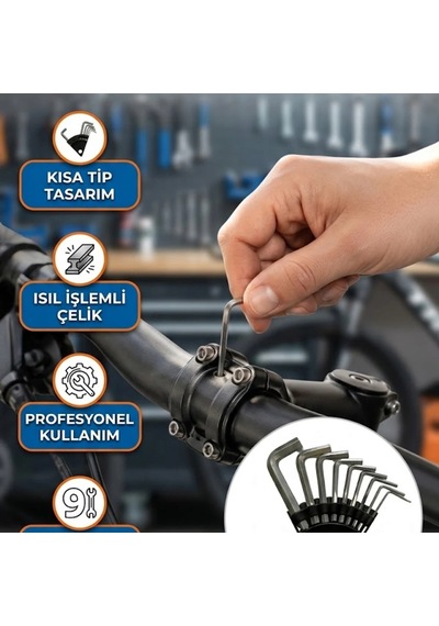 9 Parça Kısa Tip Isıl İşlemli Alyan Anahtar Seti Profesyonel Kullanım