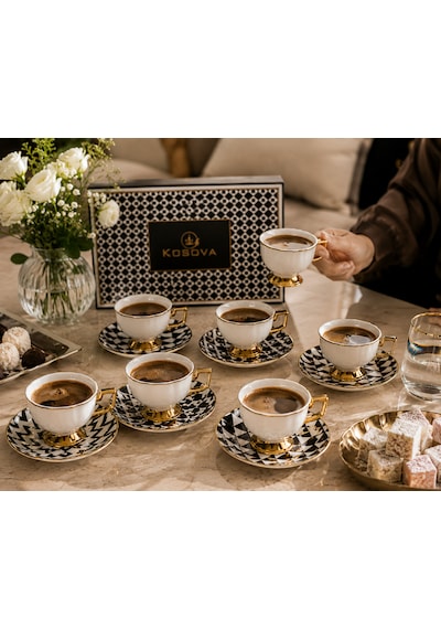 Premium Porselen 6 Kişilik Türk Kahvesi Fincan Takımı Gold Detaylı Modern Desenli Şık Hediye Seti Çok Renkli