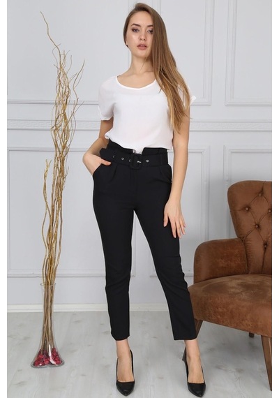 Bluence Beli Kemerli Siyah Dar Paça Kumaş Pantolon Siyah