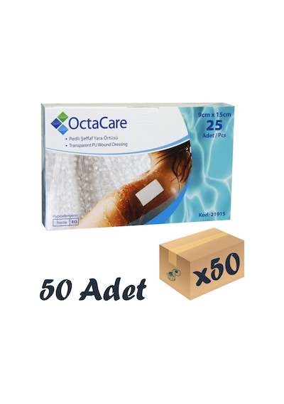 Octacare Şeffaf Pedli Su Geçirmez Yara Örtüsü 9 CM x 15 CM 25 x 50'li