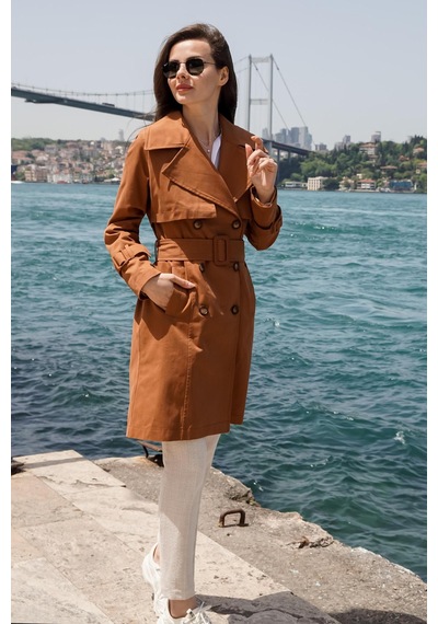 Pastelastore %100 Pamuk Gabardin Midi 95cm Astarlı Kemerli Kadın Trençkot 1113 Taba