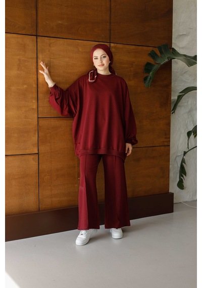 Moonsc Kadın Oversize 2 İplik Tesettür Takım Bordo