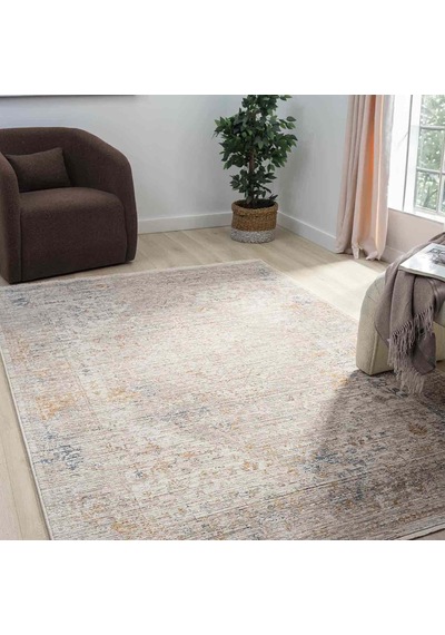 Açık Bej Gri Turuncu Detaylı Soyut Eskitme Halı Dk10205bp