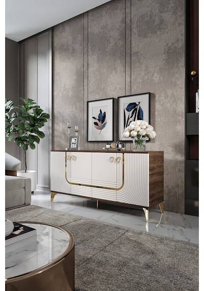 ART KONSOL MDF MEBRAN KAPAK CEVİZ KREM GOLD