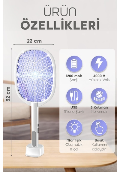 Usb Şarjlı Uv Işıklı Elektrikli Sivrisinek Öldürücü Raket Sinek Öldürücü Arı Sivri Sineksavar 806l Beyaz