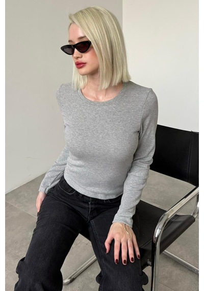 Madmext Gri Bisiklet Yaka Slim Fit Kadın Body Mg2564 Gri