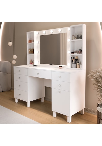 Robin Home Hollywood Makyaj Masası 7 Çekmece Kapaklı Düzenleyici Hollywood Led Işıklı Raflı Beyaz Robin Home Hollywood Makyaj Masası 7 Çekmece Kapaklı Düzenleyici Hollywood Led Işıklı Raflı Beyaz