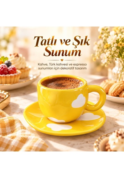Valkyrie Bulut Desenli Sarı Çay Ve Kahve Fincanı Ve Tabağı Seramik Şık Sunum Seti Sarı