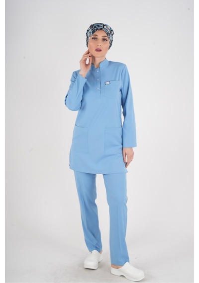 Bebe Mavi Renk Sakura Model Tesettür Doktor Hemşire Scrubs Üniforma Takımı Bebe Mavi Bebe Mavi