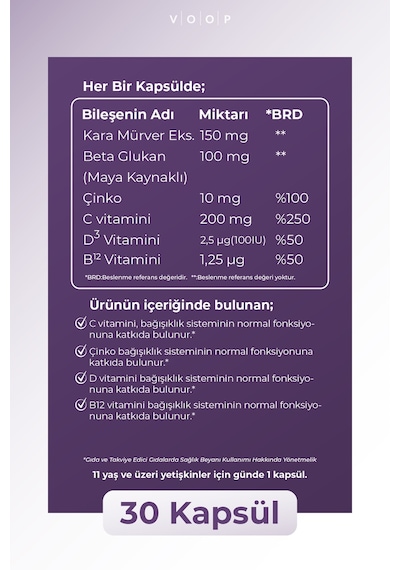 Voop Beta Glukan 1.3-1.6 Kara Mürver Vitamin C Çinko 30 Kapsül