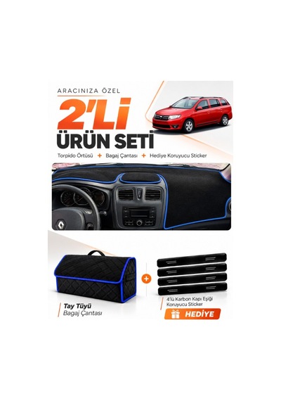 E-biz Dacia Logan Mcv 2012-2021 Uyumlu Torpido Örtüsü + Tay Tüyü Çanta - Siyah-mavi - Re015