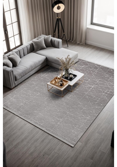 Clay Ct007a Gri Halı Modern Geometrik Desenli Triko Akrilik Pamuk Tabanlı Kaymaz Salon Halısı