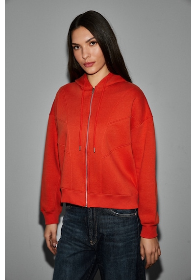 Grimelange Vyselle Kadın Önü Kesikli Metal Fermuarlı Kapüşonlu Etiket Detaylı Oversize Kırmızı Sweat Kırmızı