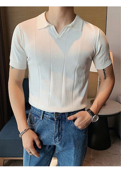 Erkek Çizgili Kısa Kollu Triko T-shirt Beyaz
