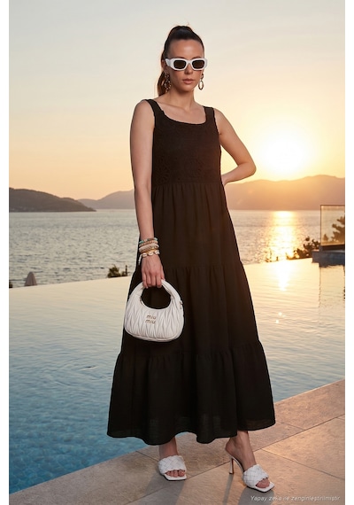 Lela Relaxed Fit Volanlı Uzun Bayan Elbise 611El010 Siyah