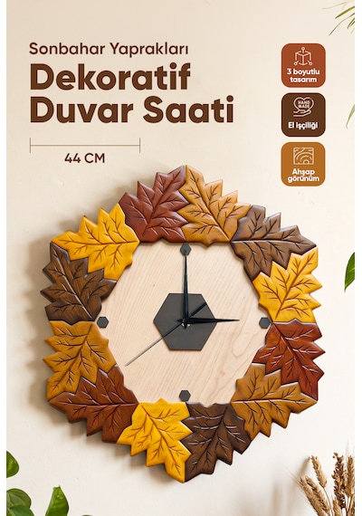 Sonbahar Yaprakları Dekoratif Yaprak Tasarımlı Duvar Saati 44x41 Cm Polyester Ve Ahşap El Yapımı Natural Karışık-çok Renkli
