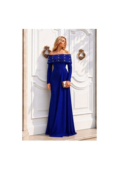 Lior Design Kadın Şık Model Degaje Yaka Dekolteli Maxi Uzun Kollu Abiye Elbise Saks