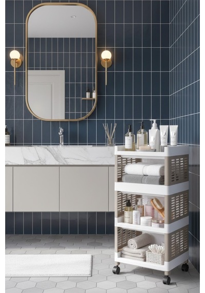 Grimorlife 4 Raflı Banyo Düzenleyici Mutfak Rafı Banyo Dolabı Çok Amaçlı Plastik Mutfak Düzenleyici Bej Beyaz