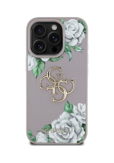 Apple Uyumlu iPhone 15 Pro Max Kılıf Guess Lisanslı Gül Baskılı Büyük Metal Logo Dizaynlı Kapak Mor
