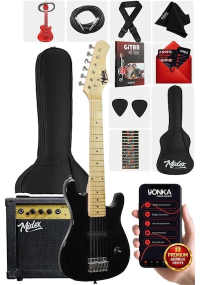 Midex Ceg-30bk 4-6 Yaş Çocuklar İçin Amfili Full 1/4 30 İnç Elektro Gitar Seti Full Black