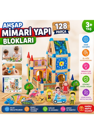 Ahşap Mimari Yapı Blokları 128 Parça Eğitici Zeka Geliştirici İnşaat Oyuncak Seti 3+ Yaş