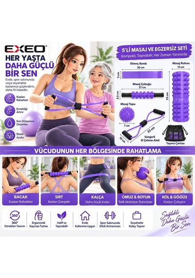 Exeo Foam Roller 5 Li Masaj Egzersiz Seti Rulo Top Direnç Bandı Pilates Yoga Fitness Mor
