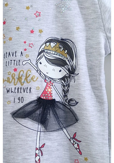 Toontoy Kız Çocuk 2'li Takım Baskılı Bisiklet Yaka T-shirt & Beli Lastikli Kapri Şort Gri