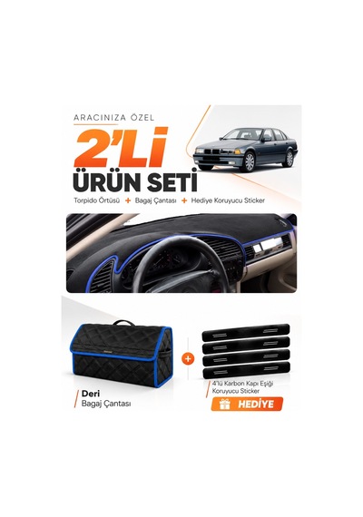 Bmw E36 1990-2000 Uyumlu Torpido Örtüsü + Deri Bagaj Çantası + Sticker Seti - Siyah Mavi