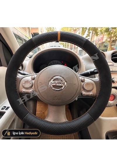 Nissan Micra K12 Dikme Direksiyon Kılıfı Alcantara Süet Mat Karbon Bej Yüzük Ve Dikiş Mood-visia-tekna-dolu 2003-2010