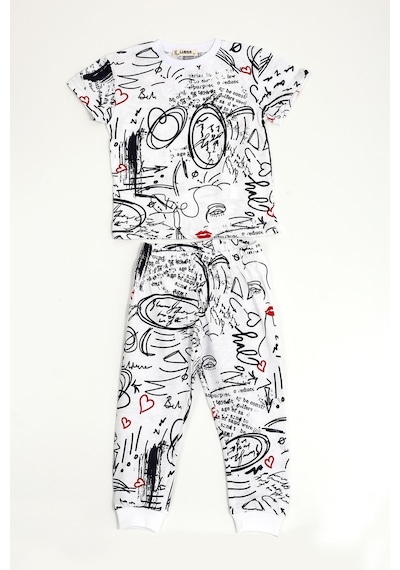 Luess Çocuk Baskılı %100 Pamuk Suprem Pijama Takımı-Beyaz