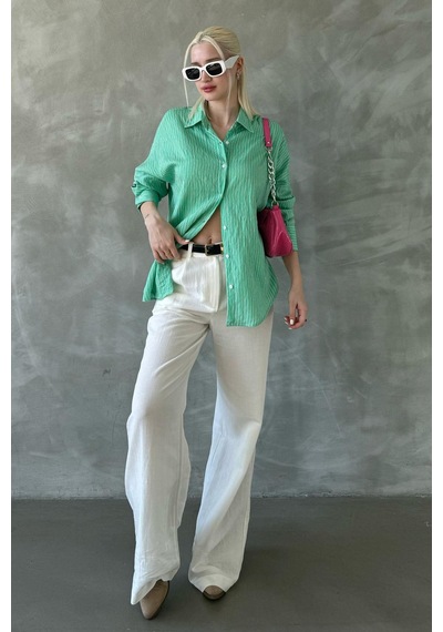 Madmext Yeşil Çizgili Oversize Kadın Gömlek Mg2327 Yeşil