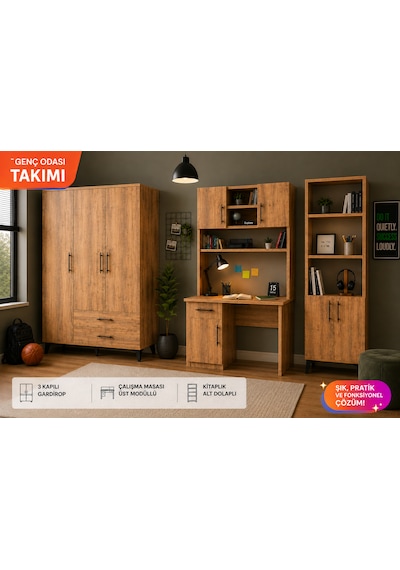 Genç Odası Takımı, 3 Kapılı Dolap, Çalışma Masası, Kitaplık Atlantik Çam
